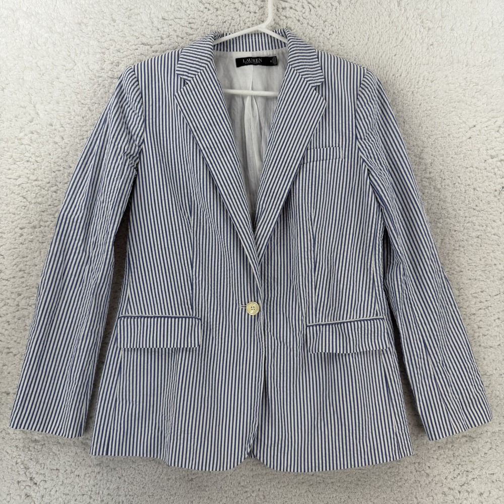 Lauren Ralph Lauren Blazer Womens 10 Blue Stripe Seersucker One Button Jacket